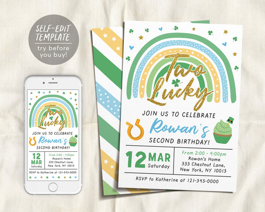 St. Patricks Day Birthday Invitation Editable Template, Two Lucky BOY Shamrock Party Invite, Second 2nd Birthday, Rainbow Printable Evite
