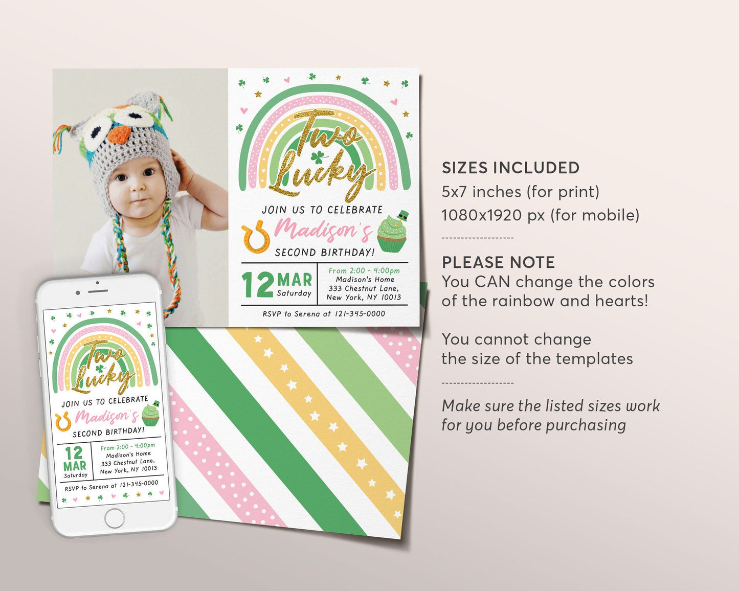 St. Patricks Day Second 2nd Birthday Invitation With Photo Editable Template, Two Lucky GIRL Shamrock Green Rainbow Party Invite Evite