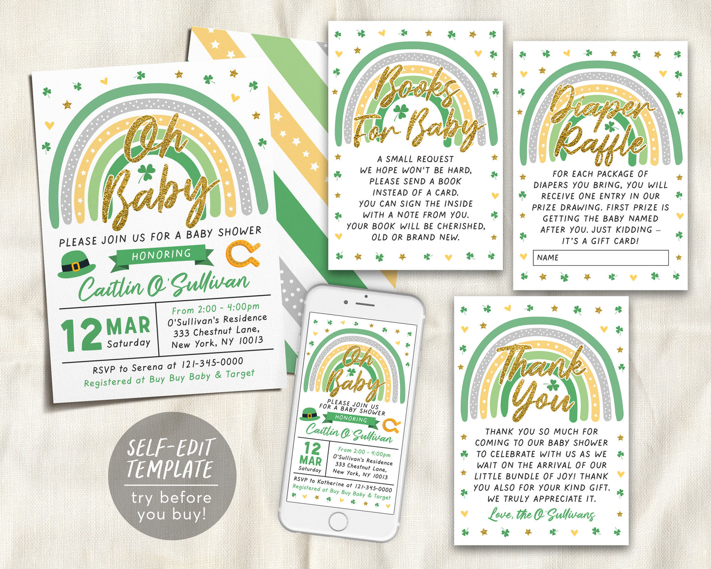 St Patricks Day Rainbow Baby Shower BUNDLE Invitation Suite Set Editable Template, Shamrock Book Request Diaper Raffle Thank You Unisex