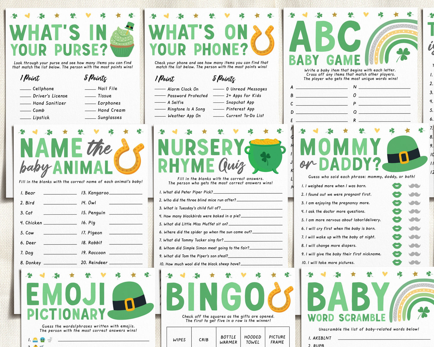 St Patricks Day Baby Shower Games Package Bundle Editable Template, Unisex St Patty's Sprinkle, Shamrock 12 Shower Games Bingo Word Scramble