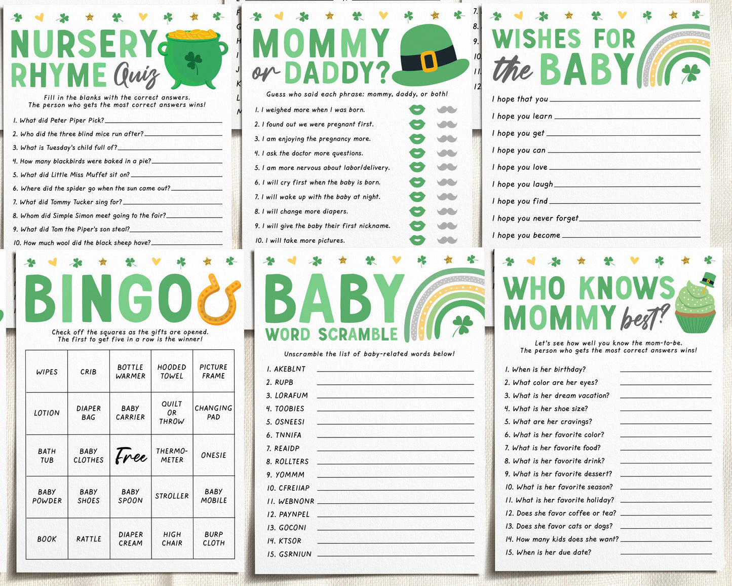 St Patricks Day Baby Shower Games Package Bundle Editable Template, Unisex St Patty's Sprinkle, Shamrock 12 Shower Games Bingo Word Scramble