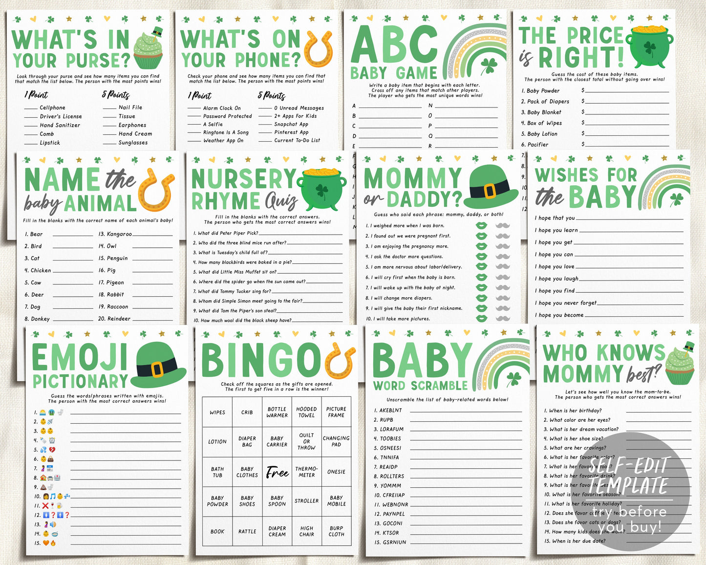 St Patricks Day Baby Shower Games Package Bundle Editable Template, Unisex St Patty's Sprinkle, Shamrock 12 Shower Games Bingo Word Scramble