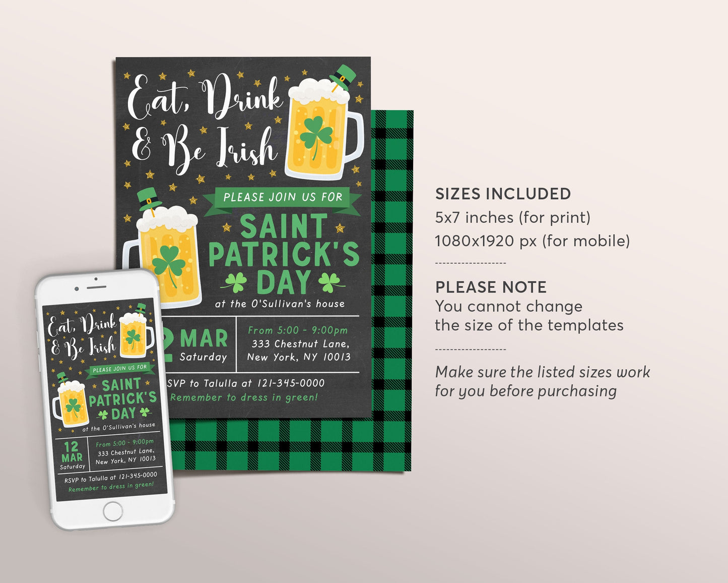 St. Patrick's Day Invitation Editable Template, Eat Drink & Be Irish Shamrock Adult Saint Patricks Day Party Invite, St Patty's Day Evite
