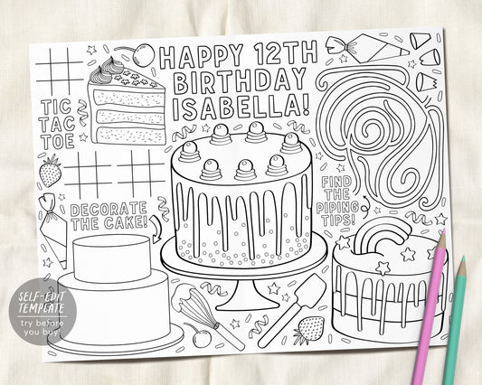 Cake Decorating Birthday Party Coloring Placemat For Kids Tween Teens Editable Template, Kids Cooking Girl Chef Coloring Page Craft Activity