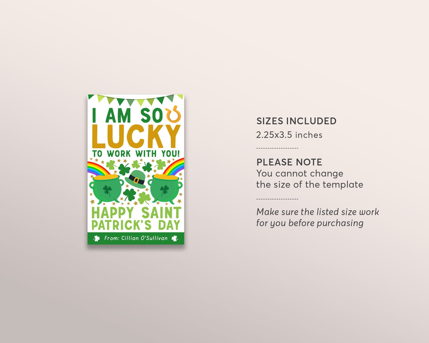 St Patrick's Day Coworker Gift Tags Editable Template, Shamrock Rainbow Office Staff Co Workers Appreciation, Im So Lucky To Work With You