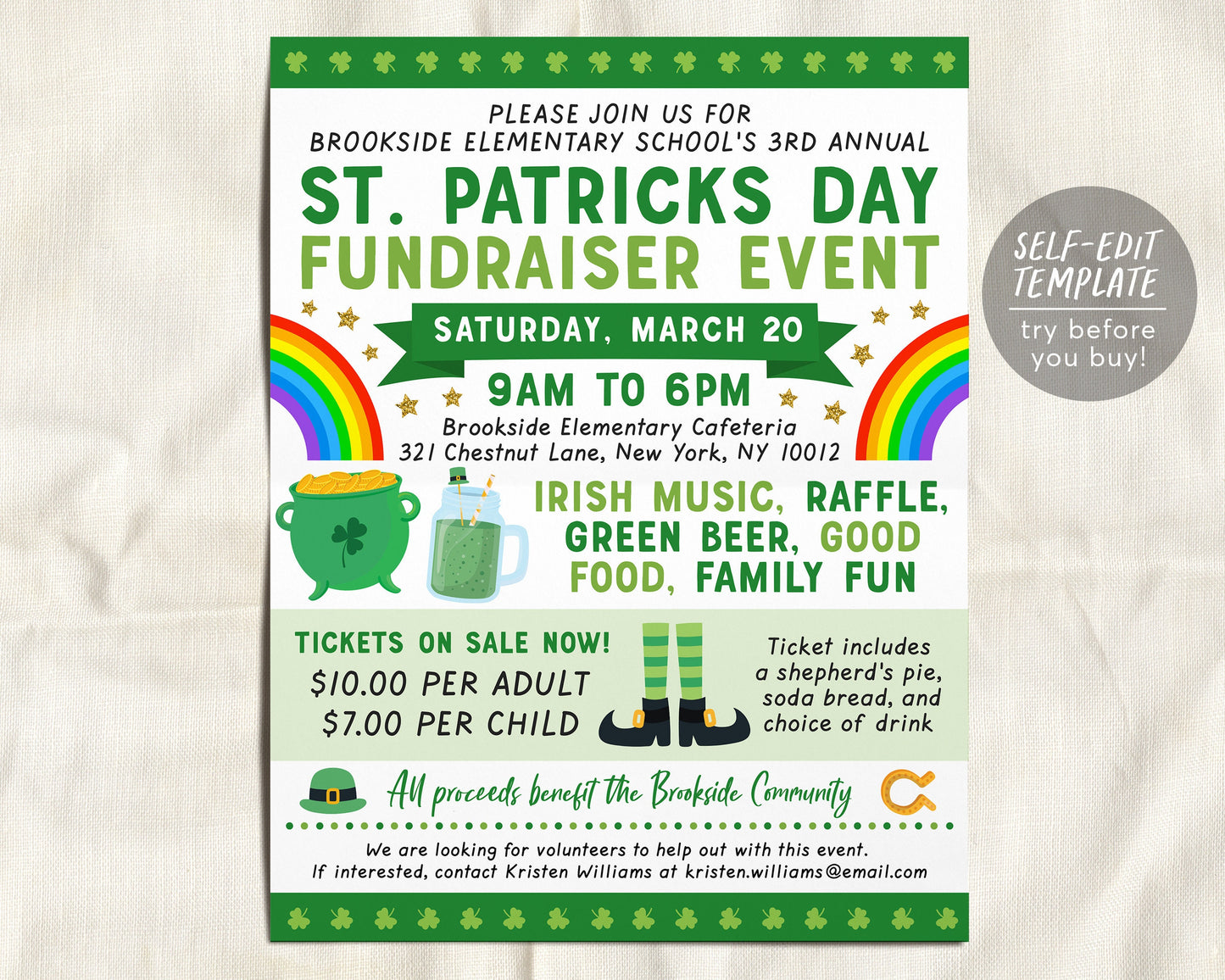 St. Patricks Day Fundraiser Flyer Editable Template, Shamrock Rainbow School Spring Event Charity Non Profit Event School PTA PTO Church