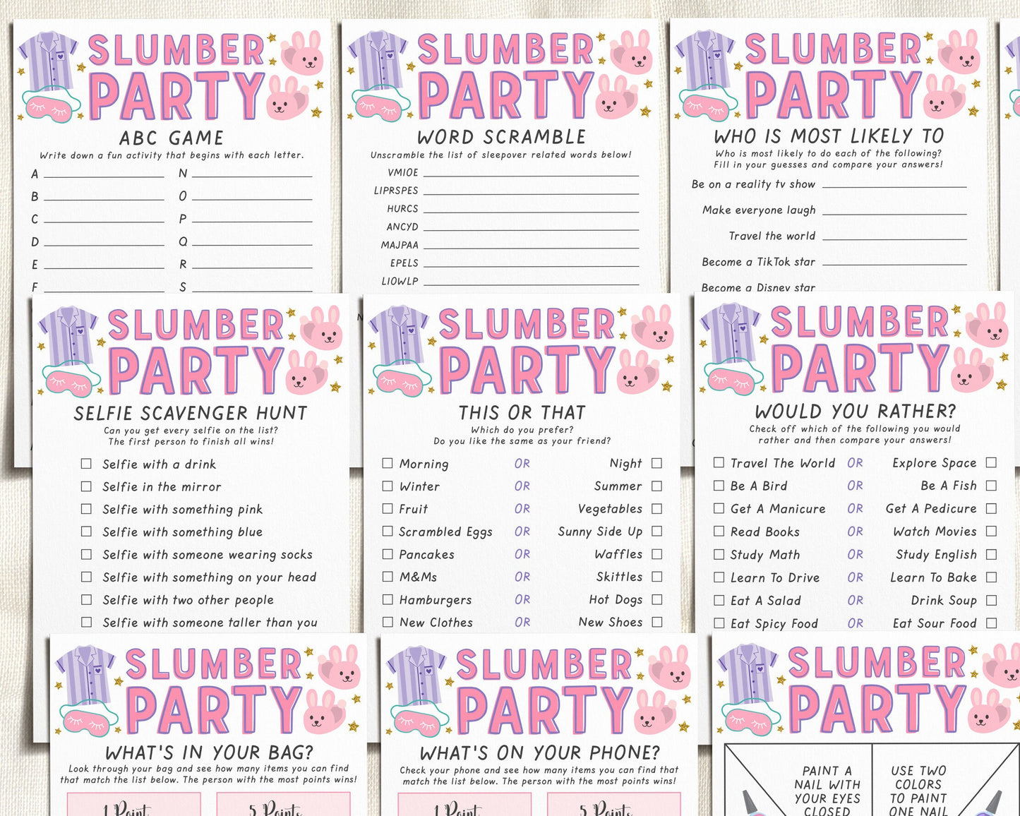 Slumber Party Games Bundle Package Printable, Pink Sleepover Game Spin The Nail Polish Charades Word Scramble Tween Teens Instant Download