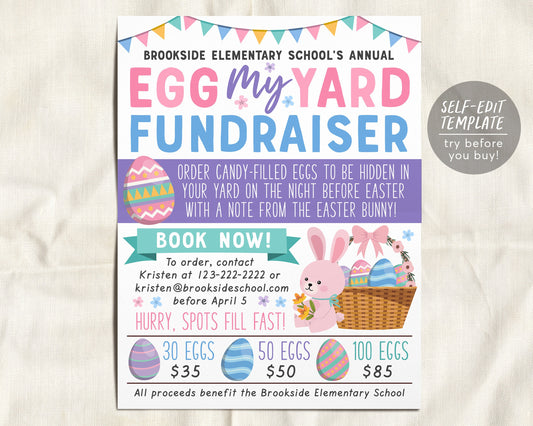 Egg My Yard Easter Fundraiser Flyer Editable Template, Easter Egg Drop Poster, Spring Egg Hunt, School PTO PTA Church Charity Community