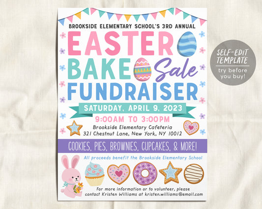 Easter Bake Sale Fundraiser Flyer Editable Template, Spring Fling Festival Bakery Event Poster, School PTO PTA Church Charity Community