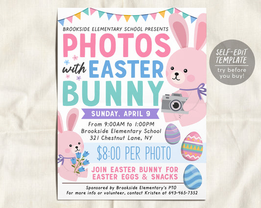 Photos with the Easter Bunny Flyer Editable Template, Spring Easter Photos with Bunny Event Fundraiser Poster, School PTO PTA Church Charity