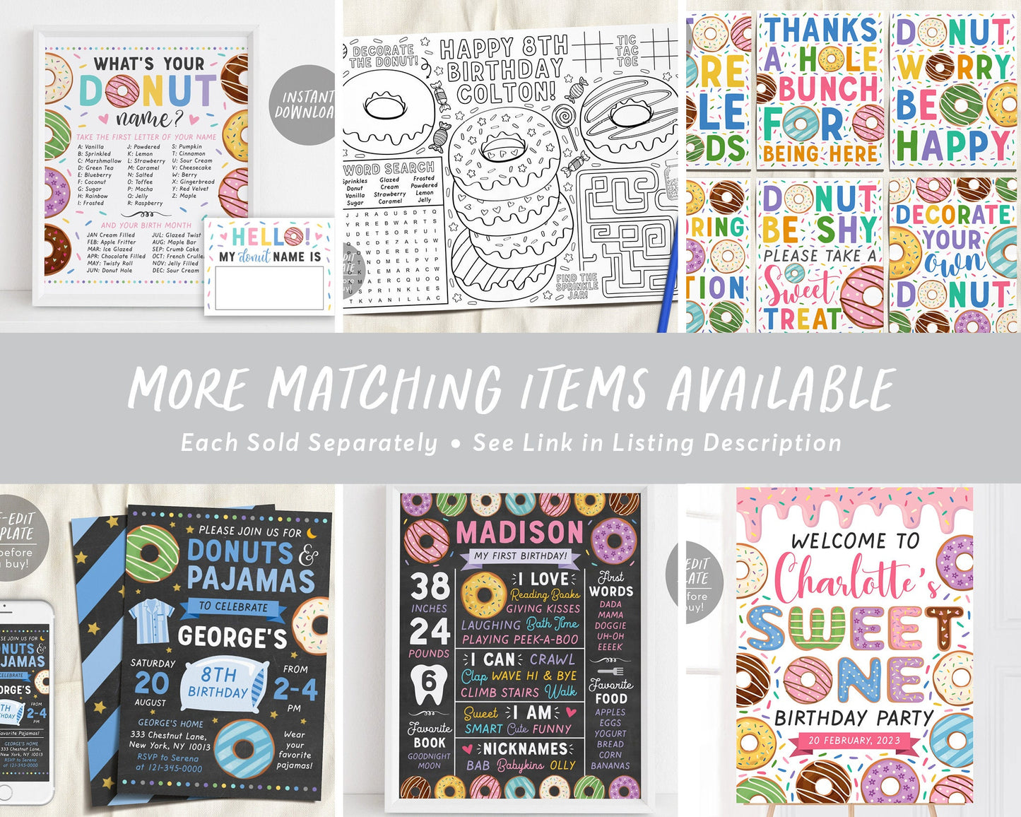 Donut Sweet One Birthday Party Invitation Editable Template, Baby Girl 1st Birthday Invite Printable , Cute First Birthday Rainbow Sprinkle