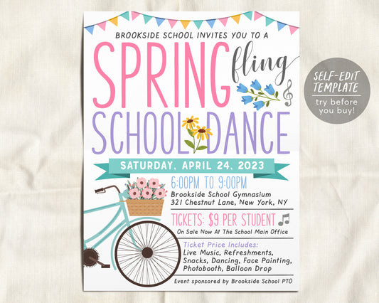 Spring Fling School Dance Flyer Editable Template, Easter School Dance Invite Invitation, School Church Community Event PTO PTA Event