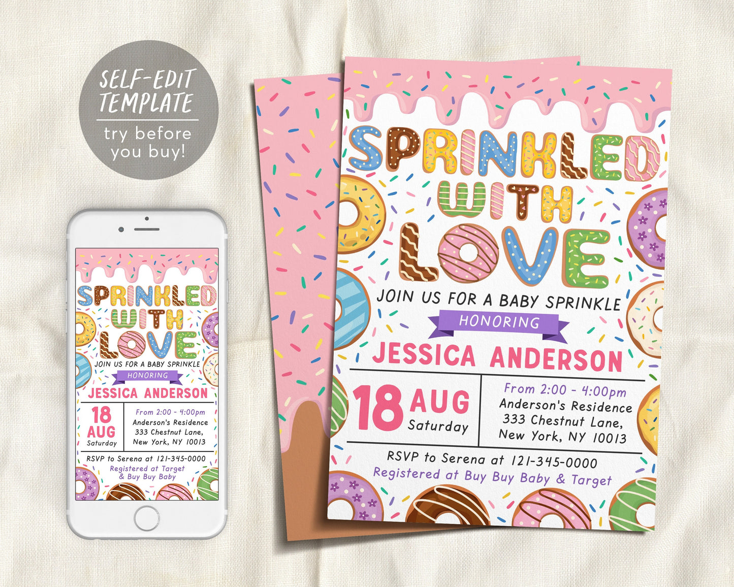 Donut Baby Sprinkle Baby Shower Invitation Editable Template, Girl Pink Donut Sprinkled With Love Invite Evite, Donuts and Diapers Printable