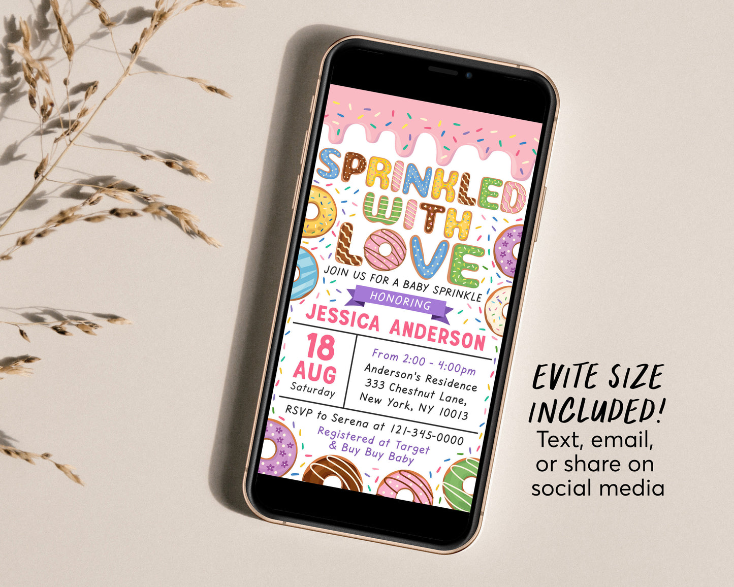 Donut Baby Sprinkle Baby Shower Invitation Editable Template, Girl Pink Donut Sprinkled With Love Invite Evite, Donuts and Diapers Printable