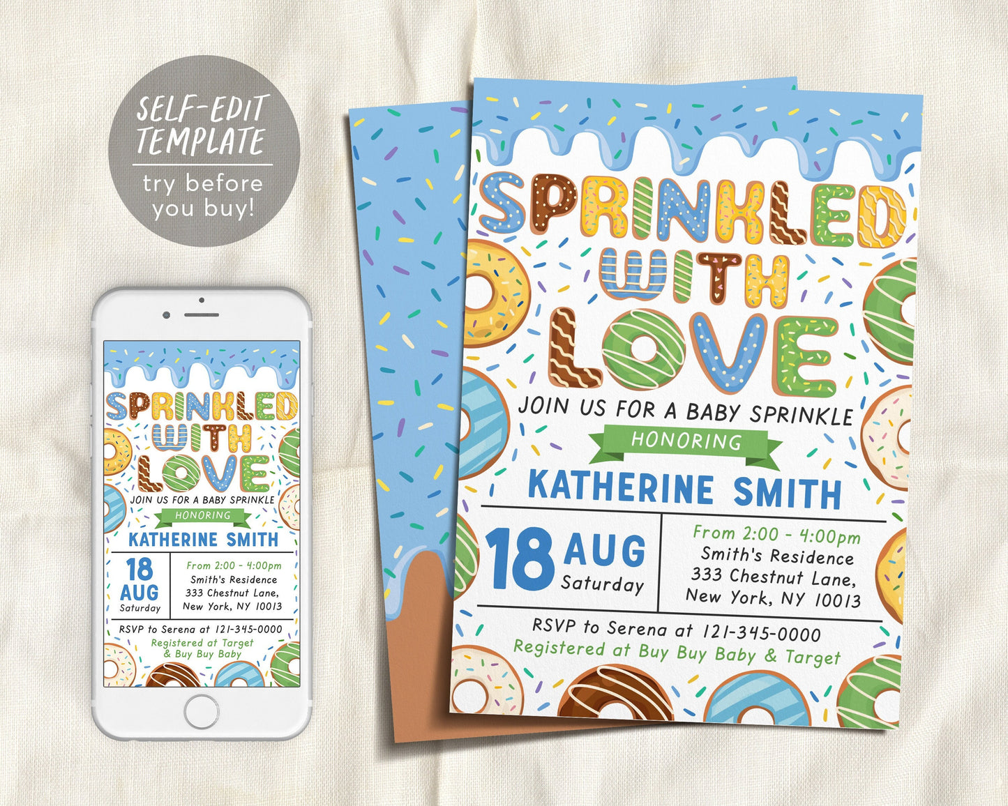 Donut Baby Sprinkle Baby Shower Invitation Editable Template, Boy Pink Donut Sprinkled With Love Invite Evite, Donuts and Diapers Printable