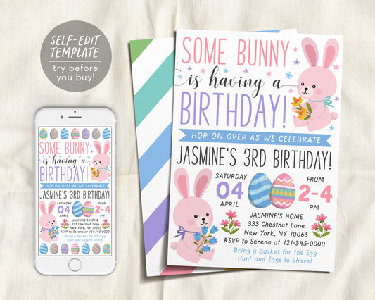 Easter Birthday Birthday Invitation Editable Template, Spring Floral First Second Birthday Easter Egg Hunt Bunny Party Invite Evite Rabbit