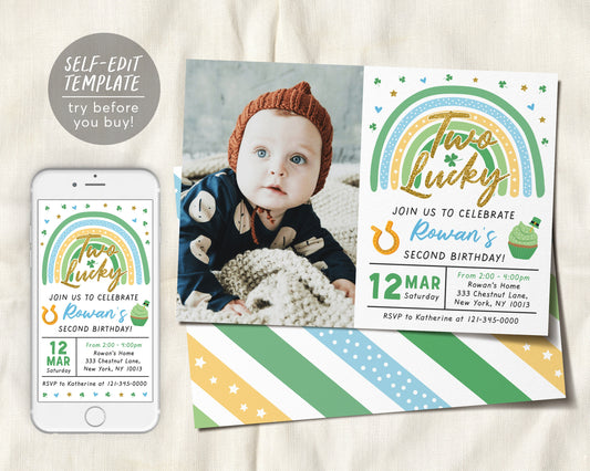 St. Patricks Day Second 2nd Birthday Invitation With Photo Editable Template, Two Lucky BOY Shamrock Green Rainbow Party Invite Evite