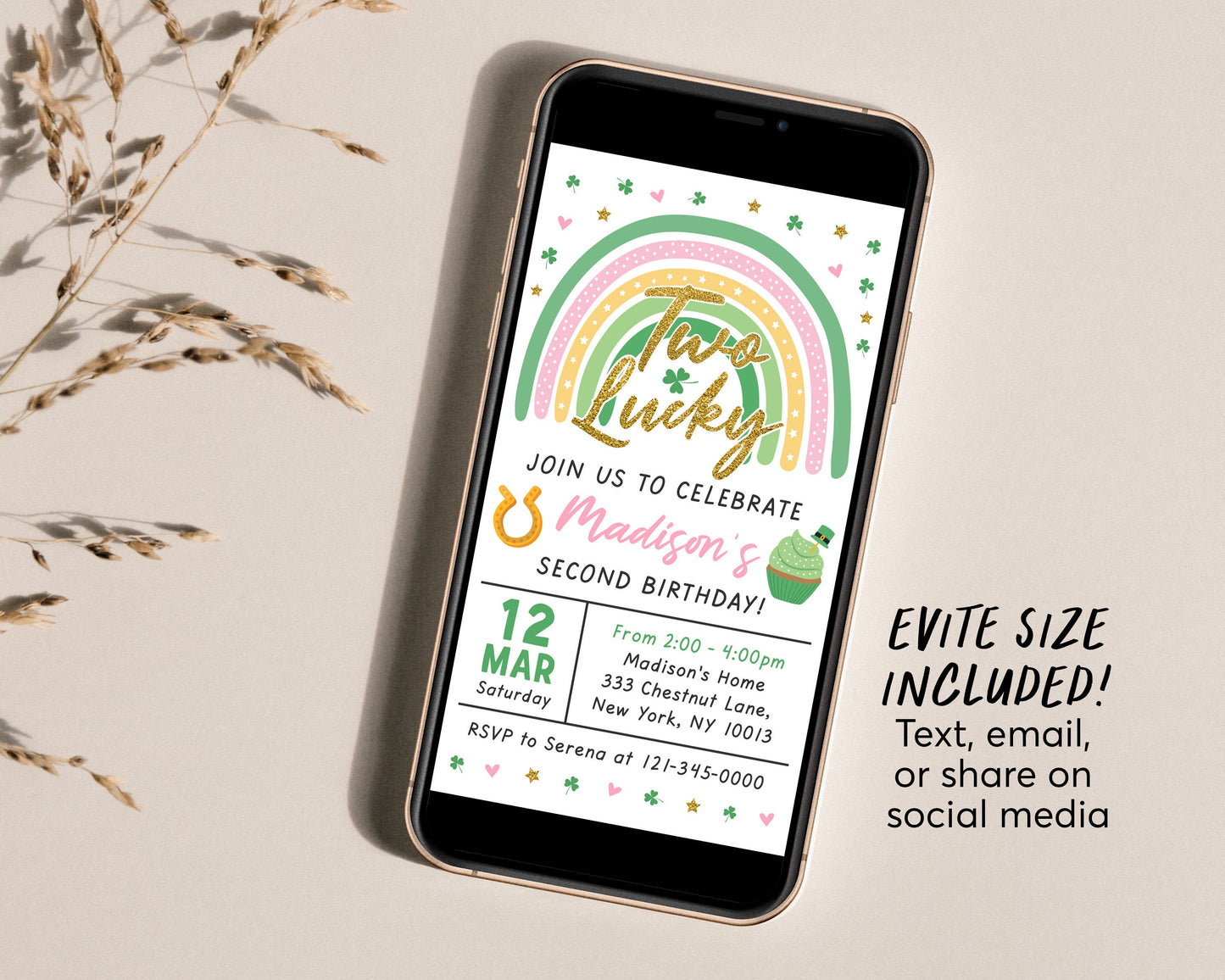 St. Patricks Day Second 2nd Birthday Invitation With Photo Editable Template, Two Lucky GIRL Shamrock Green Rainbow Party Invite Evite