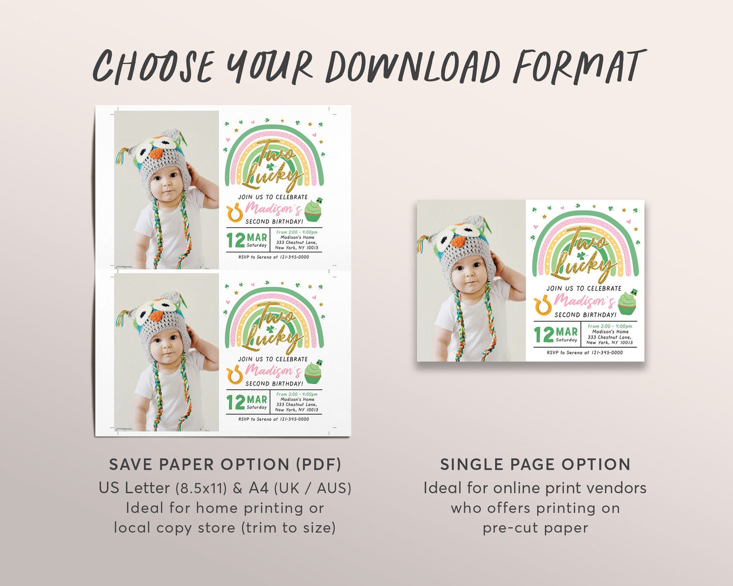 St. Patricks Day Second 2nd Birthday Invitation With Photo Editable Template, Two Lucky GIRL Shamrock Green Rainbow Party Invite Evite
