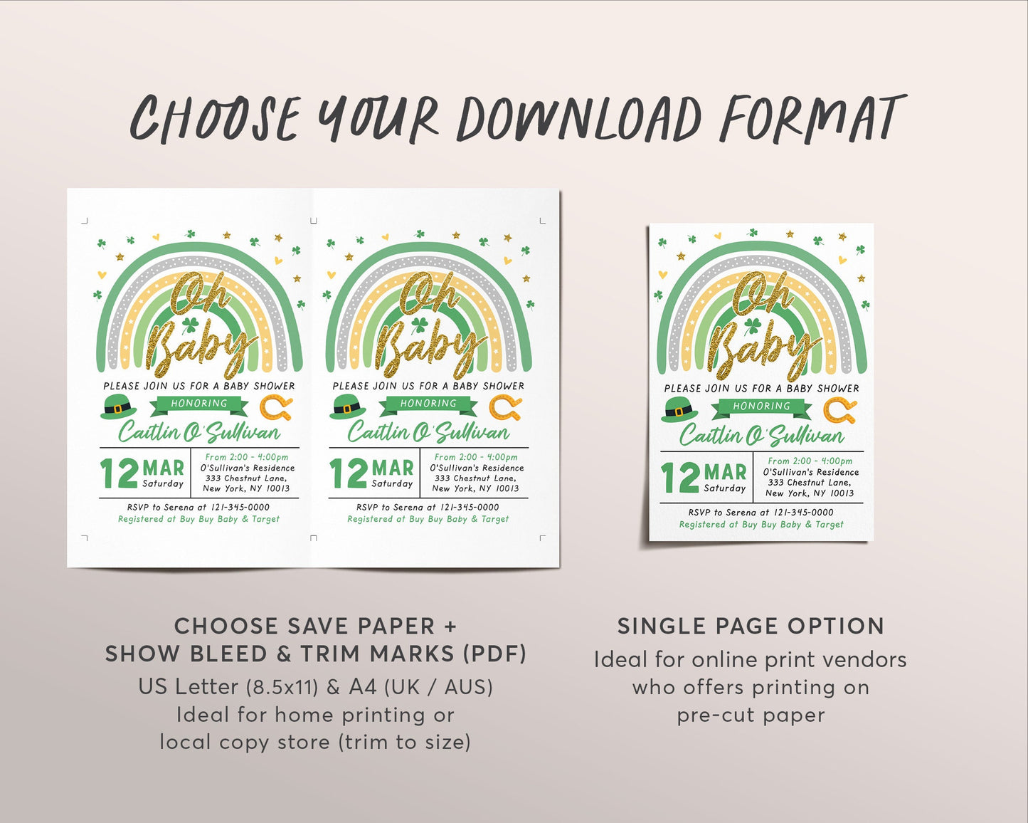 St Patricks Day Rainbow Baby Shower Invitation Editable Template, Oh Baby Gender Neutral Unisex Shamrock Invite Evite, Little Lucky Charm