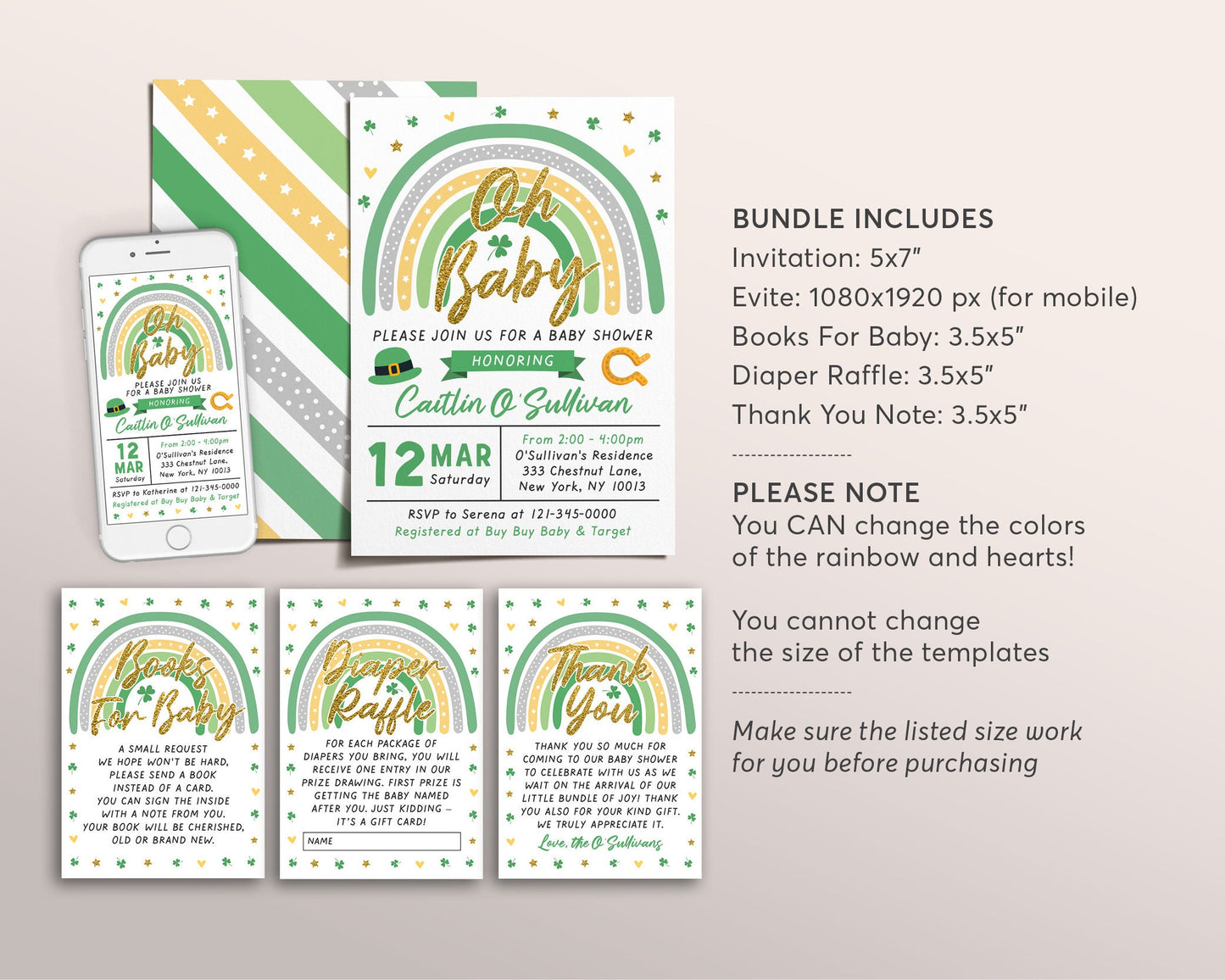 St Patricks Day Rainbow Baby Shower BUNDLE Invitation Suite Set Editable Template, Shamrock Book Request Diaper Raffle Thank You Unisex