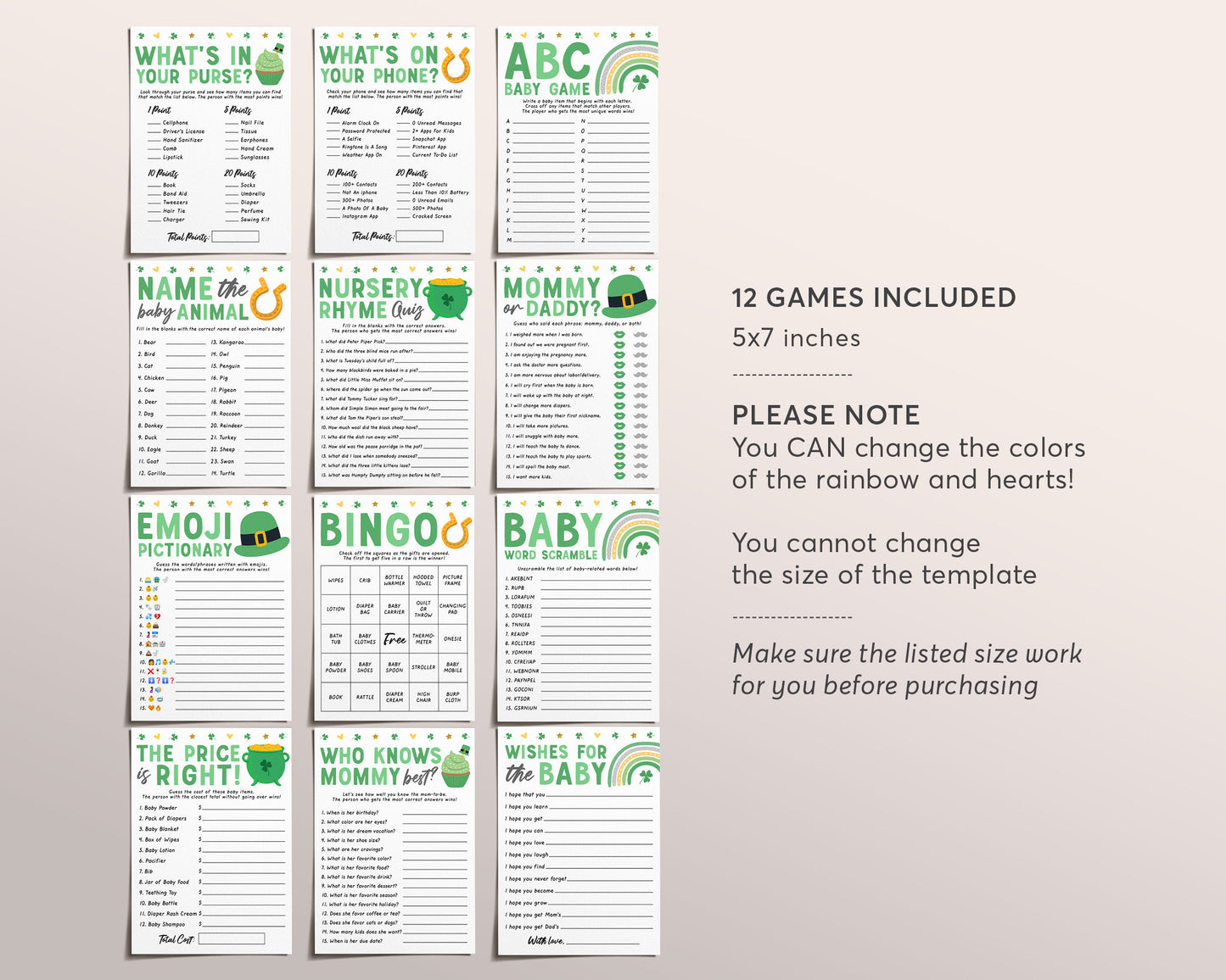 St Patricks Day Baby Shower Games Package Bundle Editable Template, Unisex St Patty's Sprinkle, Shamrock 12 Shower Games Bingo Word Scramble