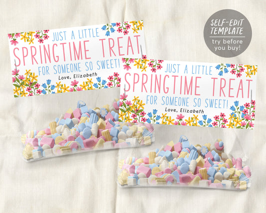 Springtime Treats Bag Toppers Editable Template, Hello Spring Happy Easter Basket S'more Party Goodie Favor Tags Labels Friends Classroom