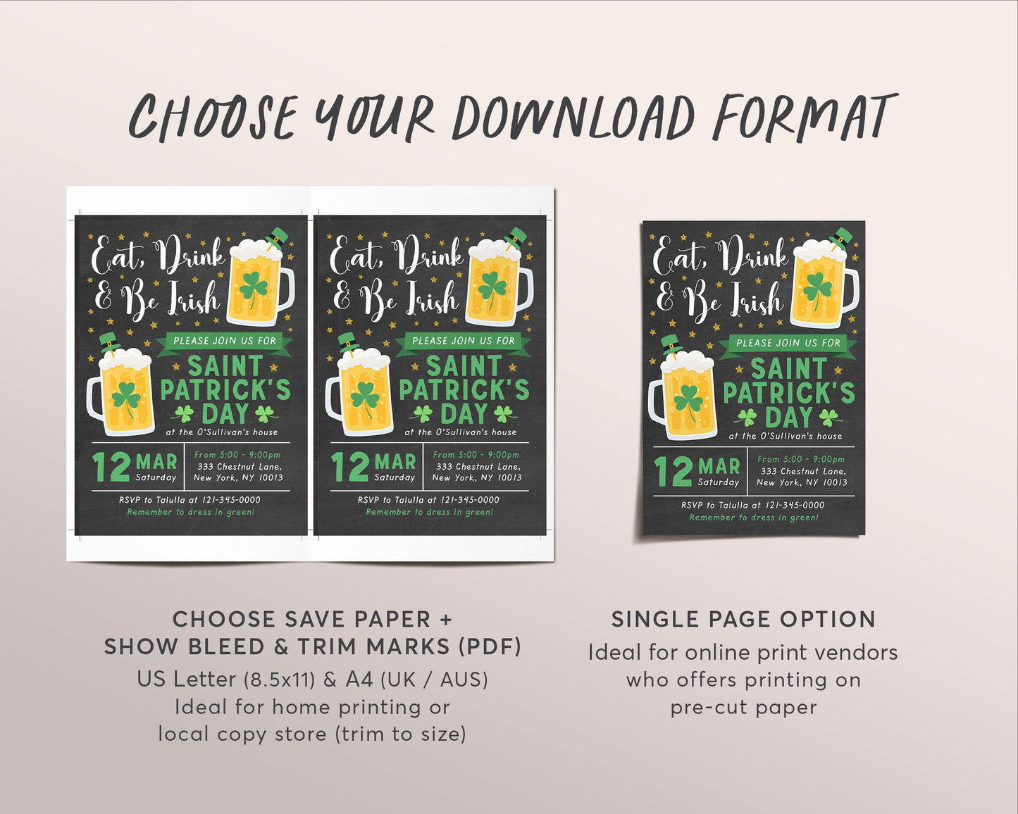 St. Patrick's Day Invitation Editable Template, Eat Drink & Be Irish Shamrock Adult Saint Patricks Day Party Invite, St Patty's Day Evite