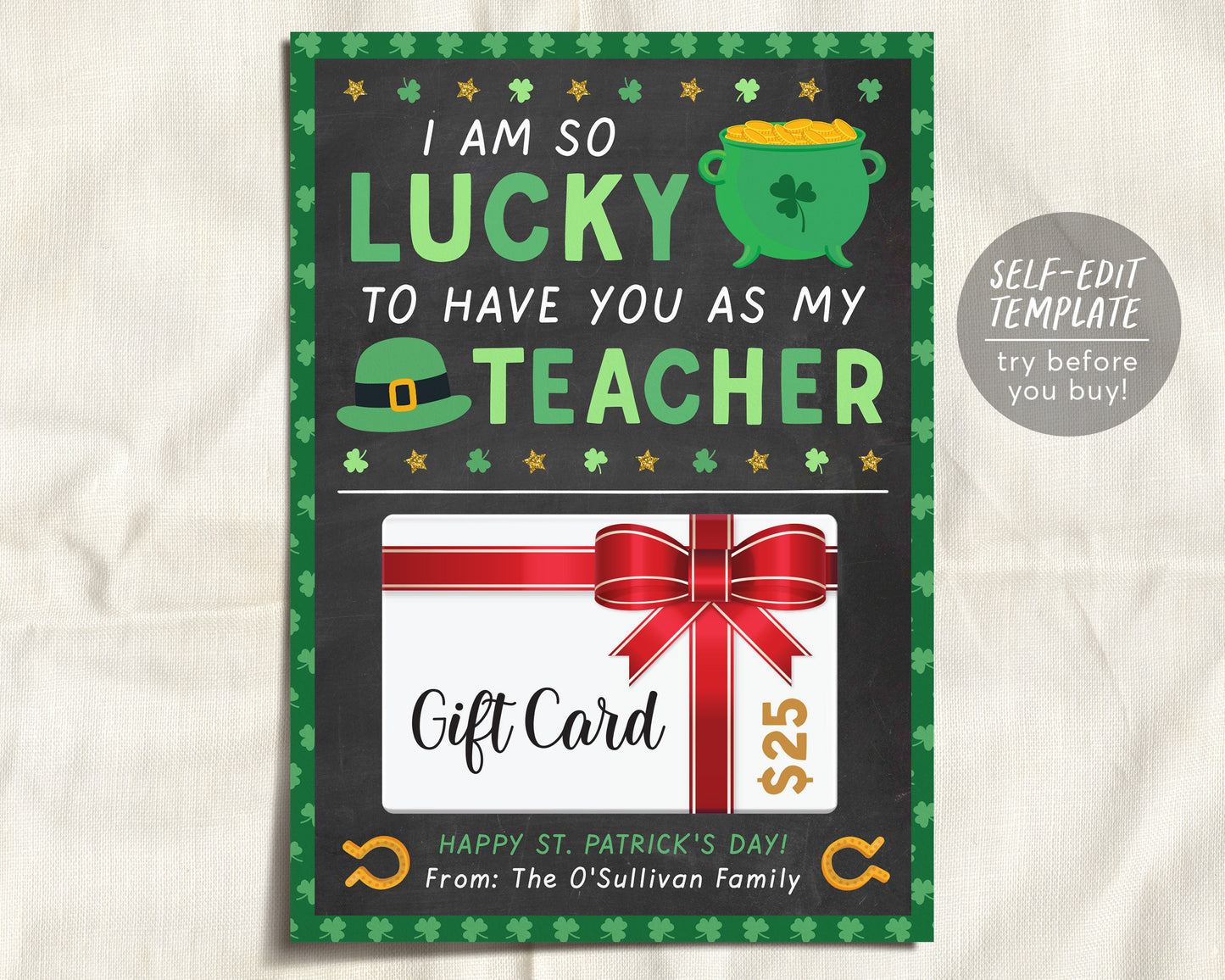 St. Patrick's Day Coffee Gift Card Holder Editable Template, Teacher Appreciation Nurse Staff Client Babysitter PTO, Lucky To Have You As