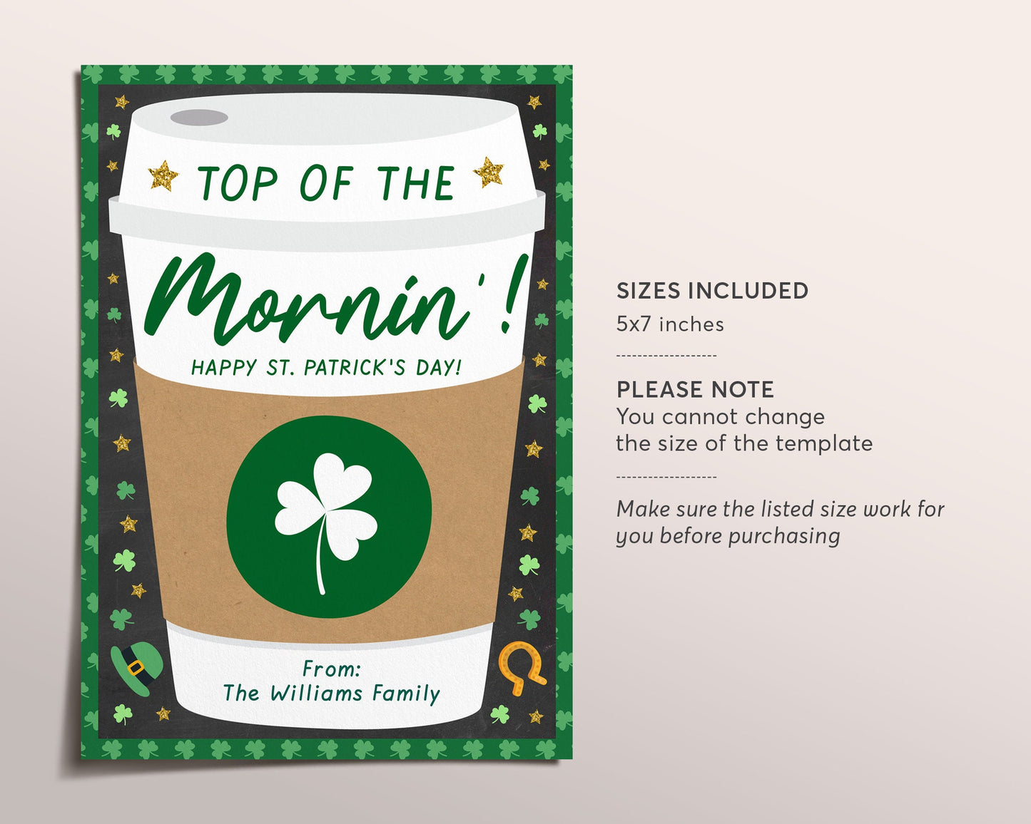 St. Patrick's Day Coffee Gift Card Holder Editable Template, Shamrock Coffee Tag, Teacher Nurse Staff Client Babysitter PTO, Thanks a Latte