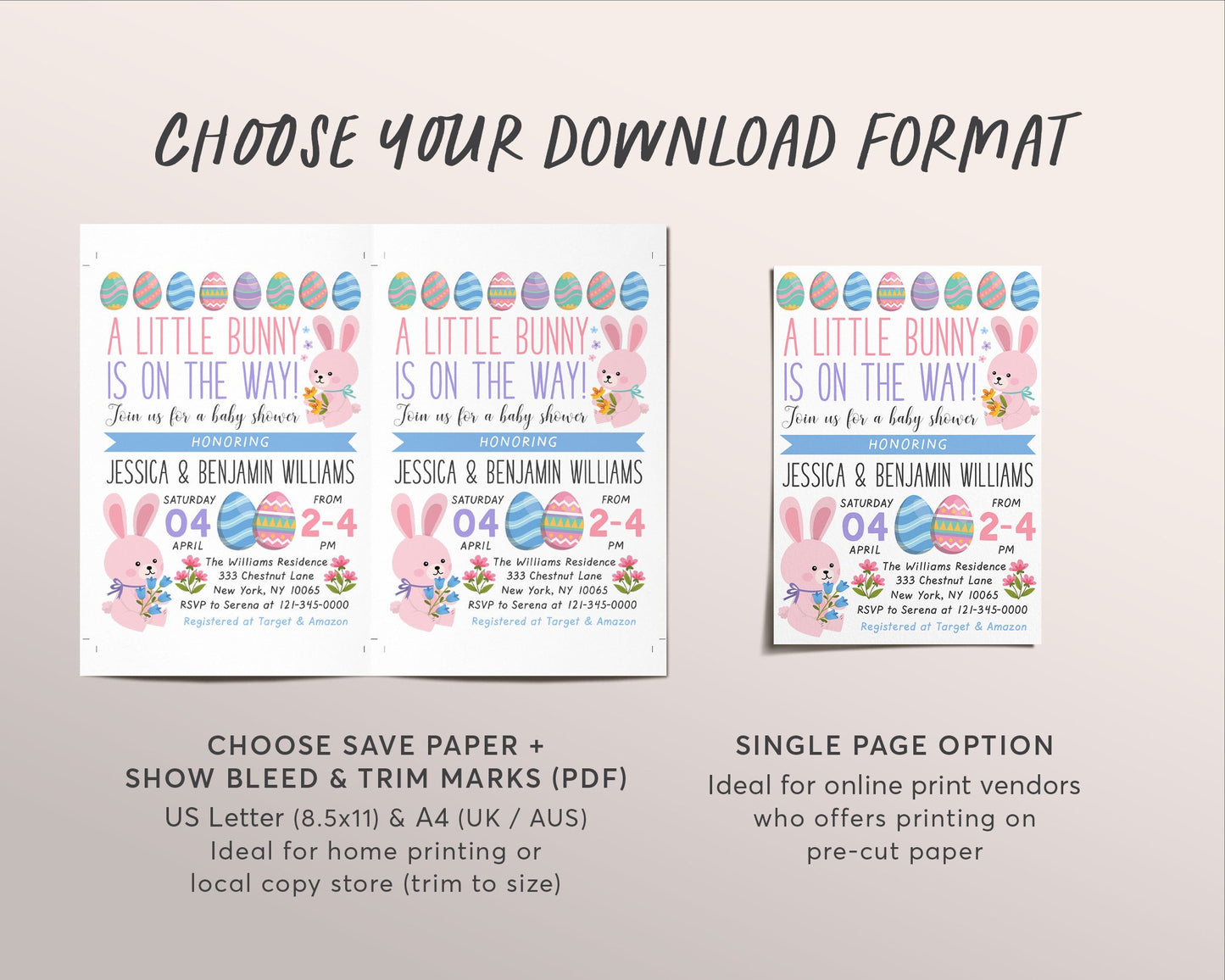 Bunny Baby Shower Invitation Editable Template, Easter Spring Floral Couples Shower Party Invite Evite Rabbit, A Little Bunny Is On The Way
