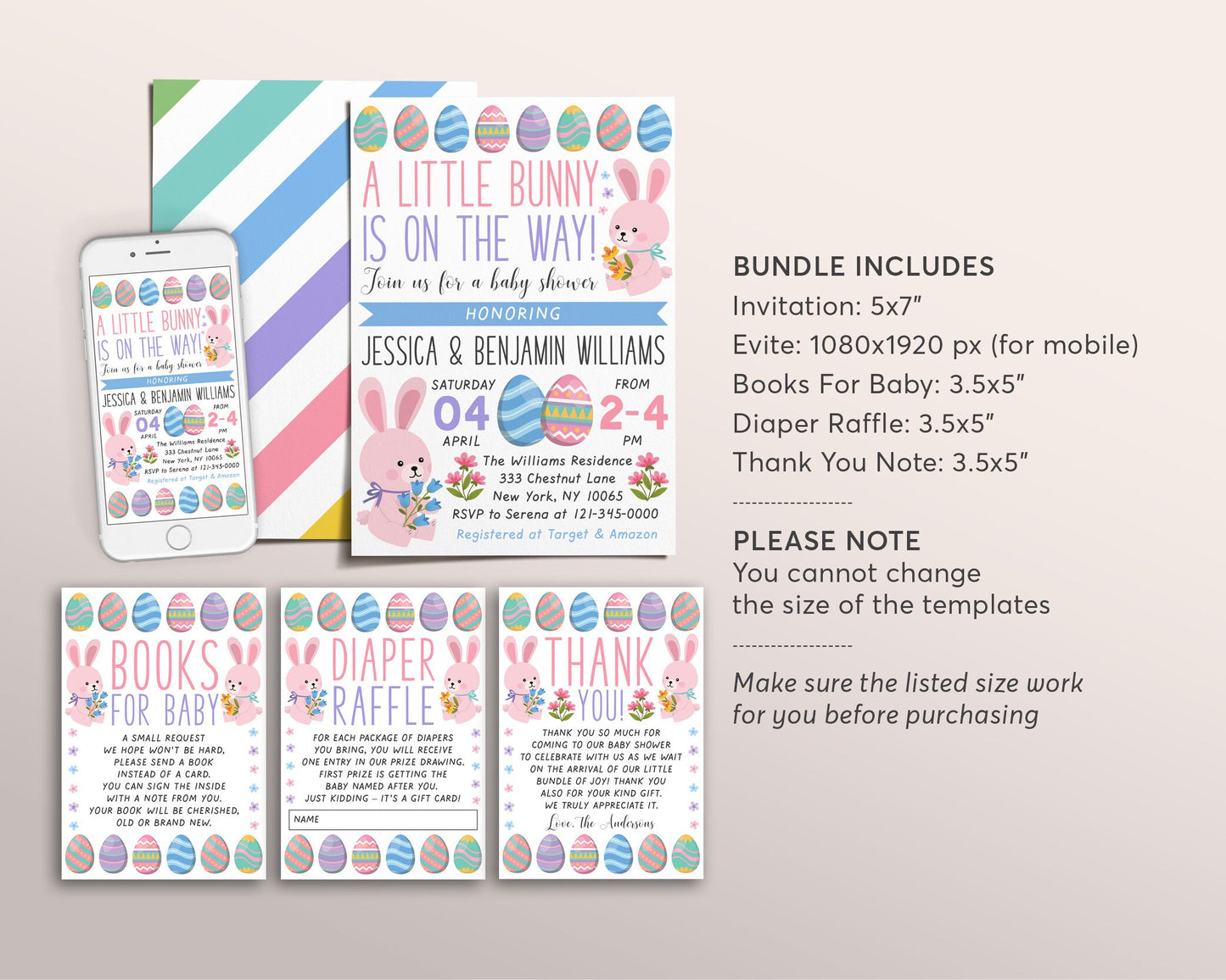 Bunny Baby Shower Invitation BUNDLE Suite Set, Easter A little Bunny Couples Shower Sprinkle Invite Spring Floral Rabbit Book Request Diaper