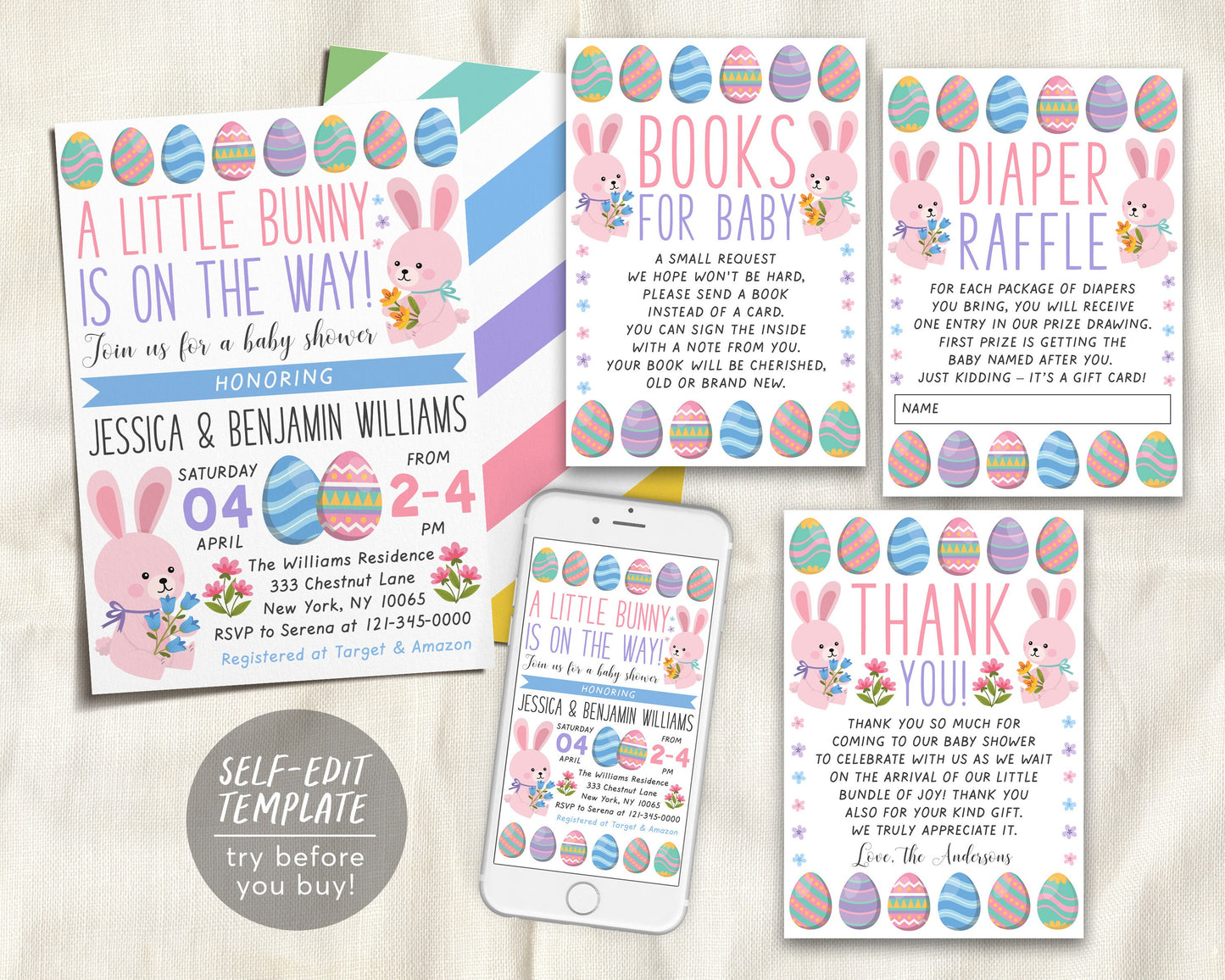 Bunny Baby Shower Invitation BUNDLE Suite Set, Easter A little Bunny Couples Shower Sprinkle Invite Spring Floral Rabbit Book Request Diaper