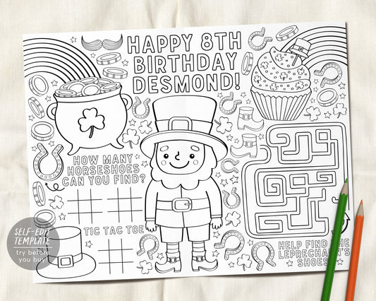 St Patricks Day Coloring Placemat For Kids Editable Template, Saint Patty's Spring Coloring Page Craft Activity Sheet Table Mat Games