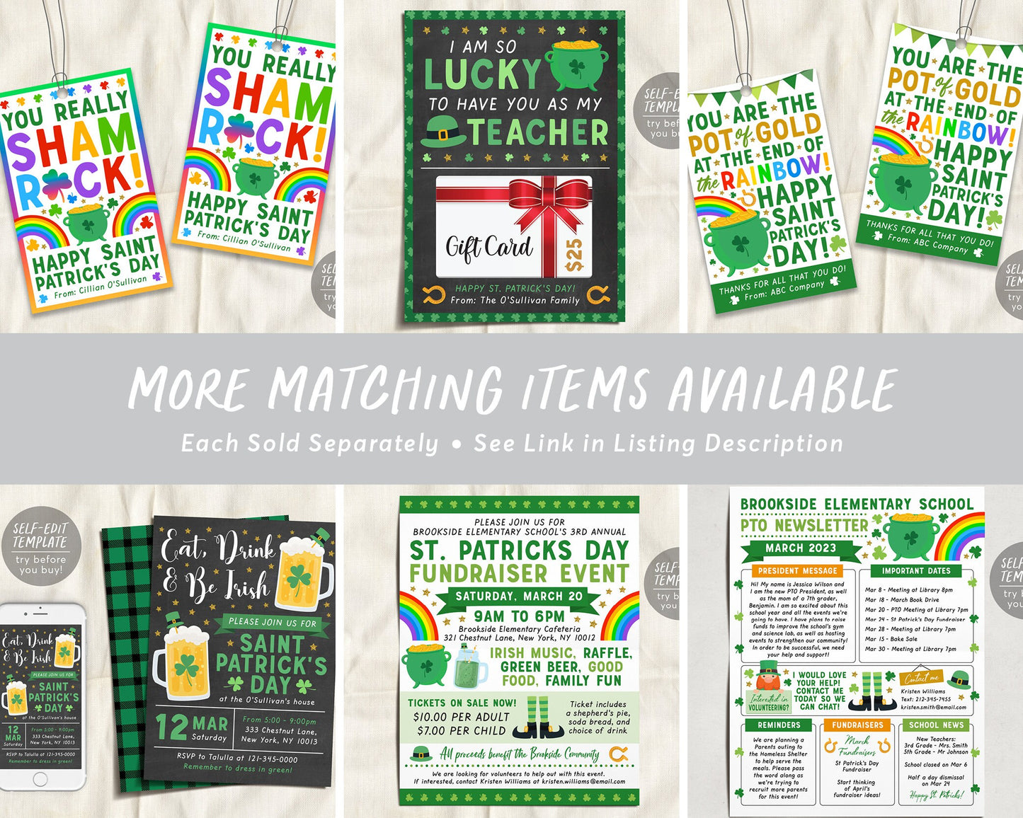 March PTO PTA Newsletter Flyer Editable Template, St. Patricks Day Flyer, Meeting Agenda Organizer Printable Handout, Year Calendar