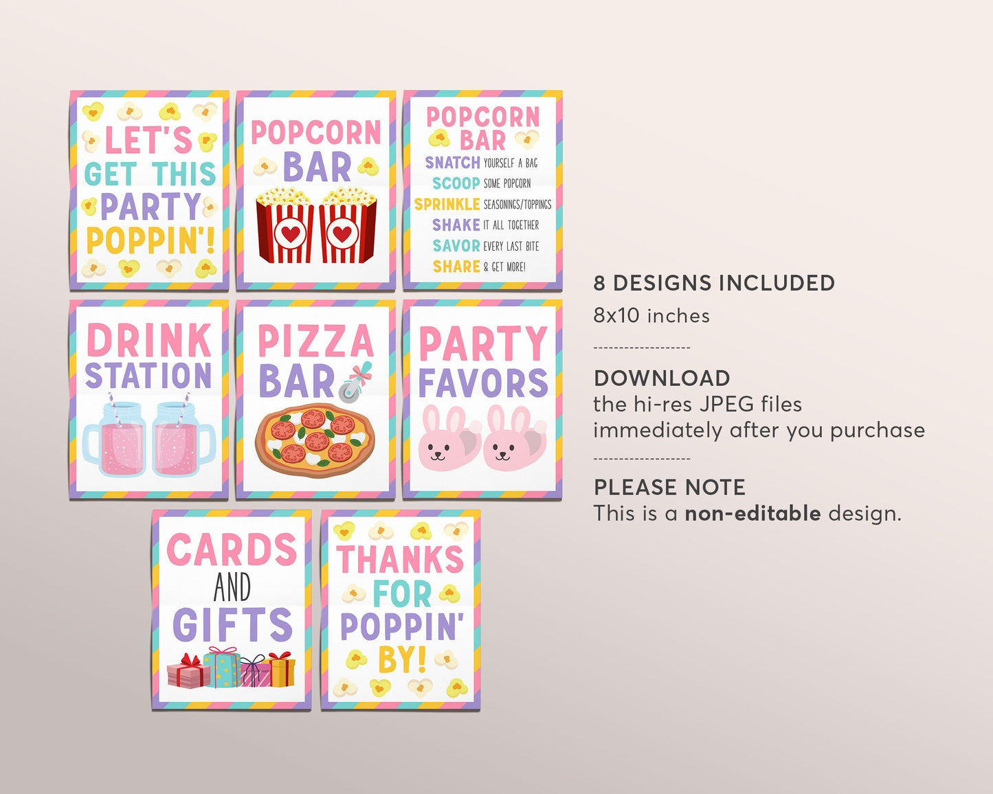 Pizza Popcorn and Pajamas Party Signs BUNDLE For Birthday, Popcorn Bar Sign Toppings, Pizzeria Slumber Sleepover Party Favors Sign Pajama