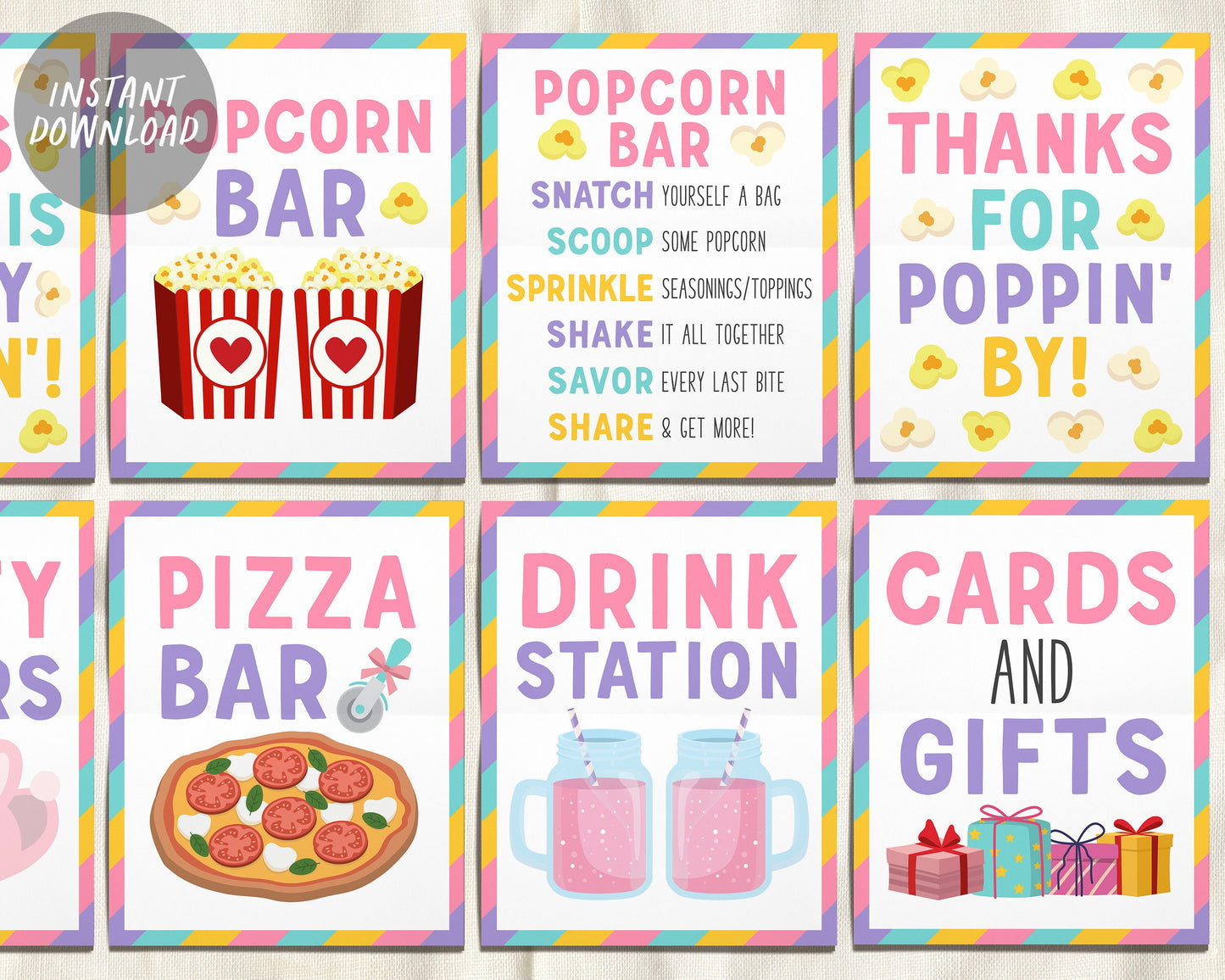 Pizza Popcorn and Pajamas Party Signs BUNDLE For Birthday, Popcorn Bar Sign Toppings, Pizzeria Slumber Sleepover Party Favors Sign Pajama