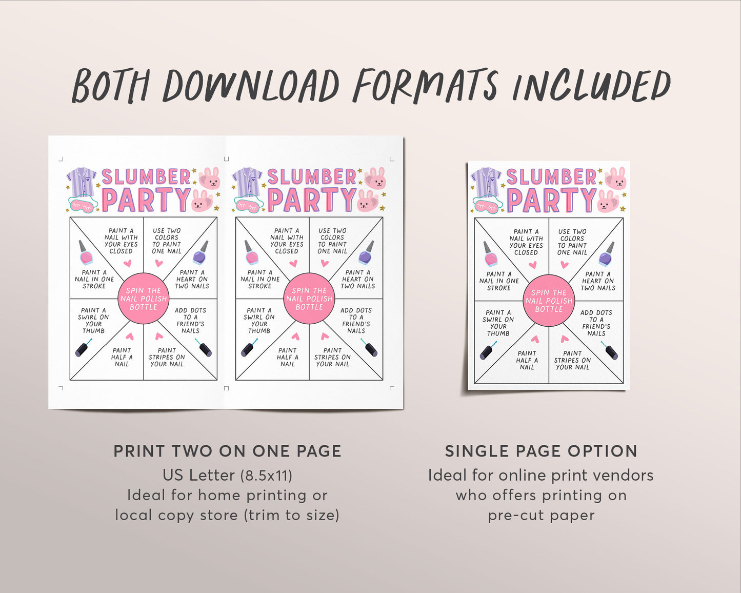 Slumber Party Games Bundle Package Printable, Pink Sleepover Game Spin The Nail Polish Charades Word Scramble Tween Teens Instant Download