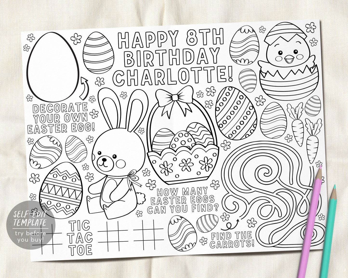 Easter Spring Birthday Party Coloring Placemat For Kids Editable Template Bunny Chick Coloring Page Craft Activity Sheet Table Mat Printable