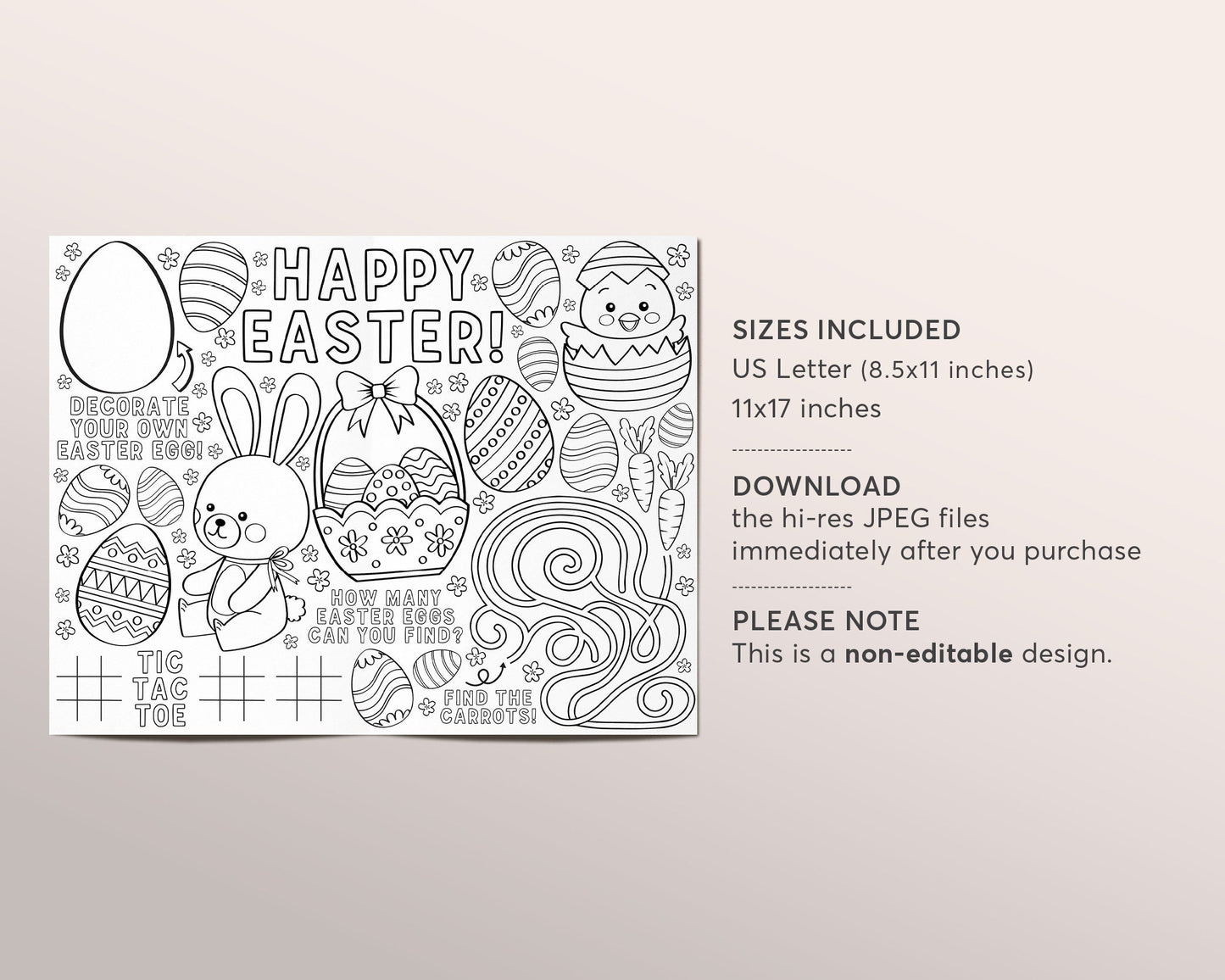 Easter Spring Birthday Party Coloring Placemat For Kids Instant Download, Bunny Chick Coloring Page Craft Activity Sheet Table Mat Printable