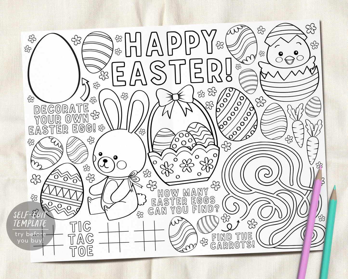 Easter Spring Birthday Party Coloring Placemat For Kids Instant Download, Bunny Chick Coloring Page Craft Activity Sheet Table Mat Printable