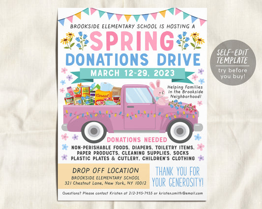 Spring Easter Donations Food Drive Flyer Editable Template, Toiletries Drive Poster, School PTO PTA Church Nonprofit Charity Community Event