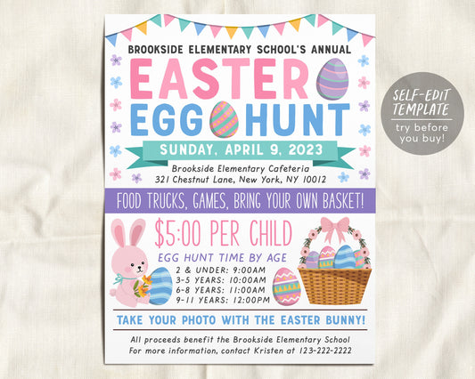 Easter Egg Hunt Fundraiser Flyer Editable Template, Kids Spring Easter Bunny Party Poster, School PTO PTA Church Nonprofit Charity Community