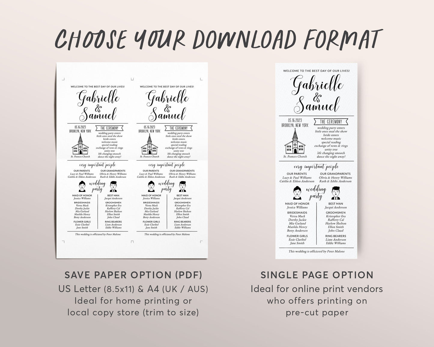 Infographic Wedding Program Editable Template, Non Traditional Black And White Reception Program, Unique Order Of Events, Wedding Ceremony