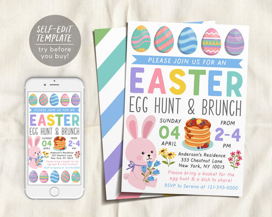 Easter Egg Hunt Brunch Invitation Editable Template, Spring Easter Bunny Pastel Birthday Invite Evite, Rabbit Pancakes Floral Download
