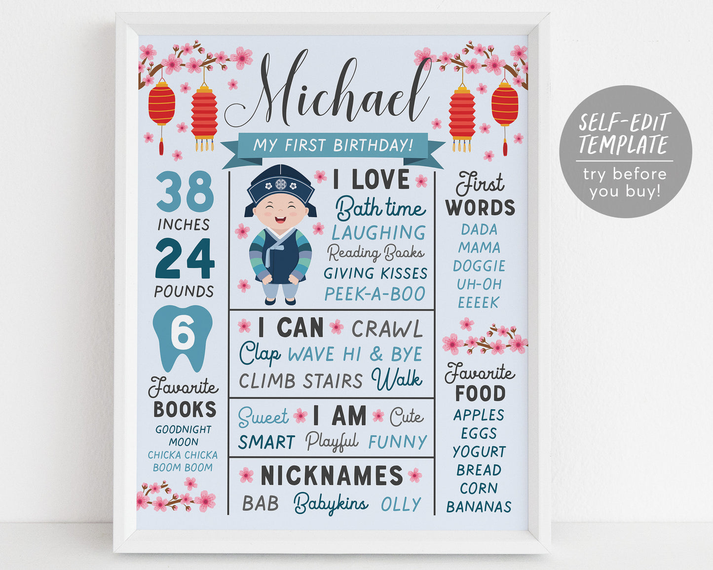 Korean Milestone First Birthday Sign BOY Editable Template, Doljanchi Dol Dohl Doljabi Hanbok Stats Board 1st Birthday Party Poster