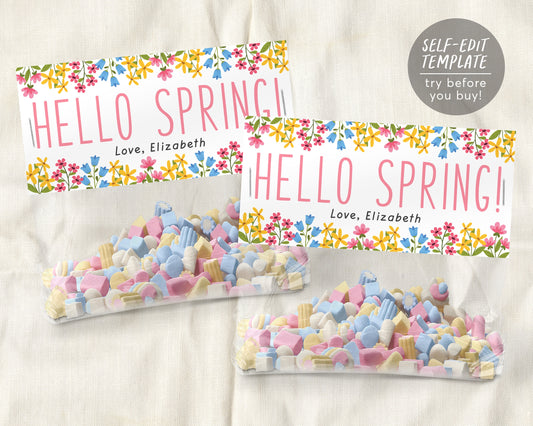 Hello Spring Treat Bag Toppers Editable Template, Springtime Happy Easter Basket S'more Party Goodie Favor Tags Labels Friends Classroom