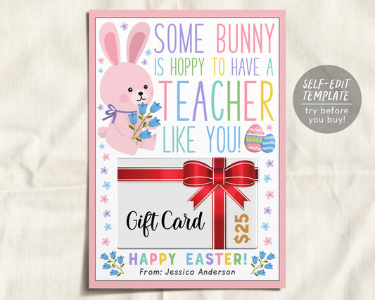 Some Bunny is Hoppy to Have a Teacher Like You Gift Card Holder Editable Template, Easter Gift Basket Filler, Pastel Spring Rabbit Coffee