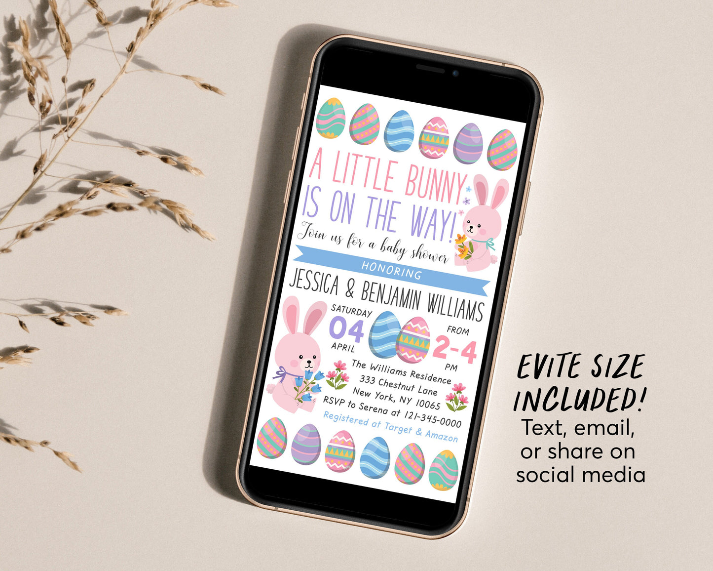 Bunny Baby Shower Invitation Editable Template, Easter Spring Floral Couples Shower Party Invite Evite Rabbit, A Little Bunny Is On The Way