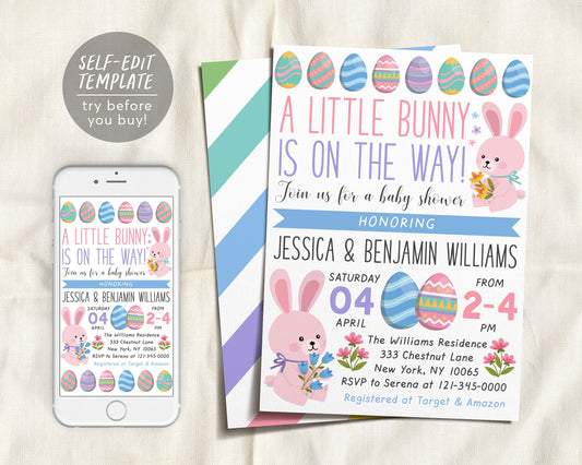 Bunny Baby Shower Invitation Editable Template, Easter Spring Floral Couples Shower Party Invite Evite Rabbit, A Little Bunny Is On The Way